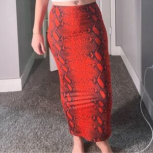 Red Snakeskin print long skirt